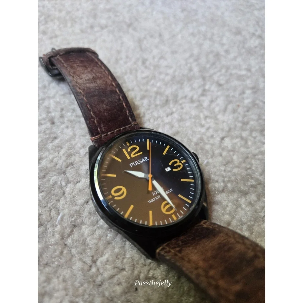 Pulsar Watch Mens Black Dial Orange Accent Date Quartz Field Watch Brown Leather